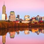 Downtown Indianapolis Skyline Reflected In White River With Pink Skies