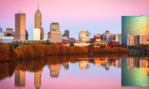 Downtown Indianapolis Skyline Reflected In White River With Pink Skies