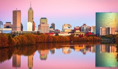 Downtown Indianapolis Skyline Reflected In White River With Pink Skies