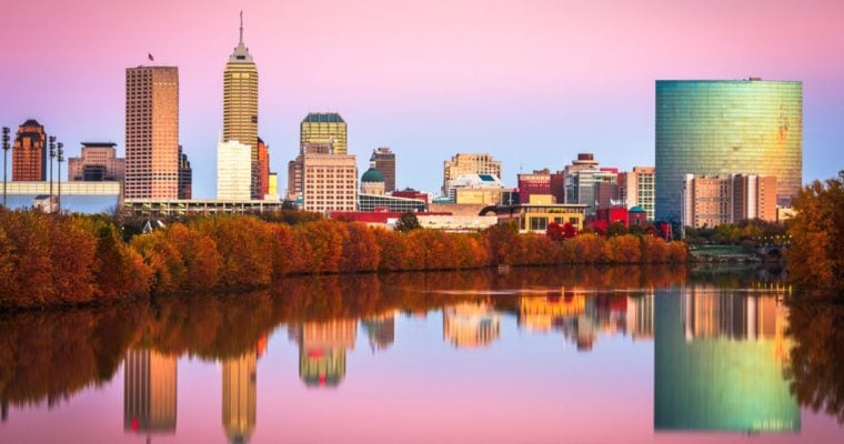 Downtown Indianapolis Skyline Reflected In White River With Pink Skies