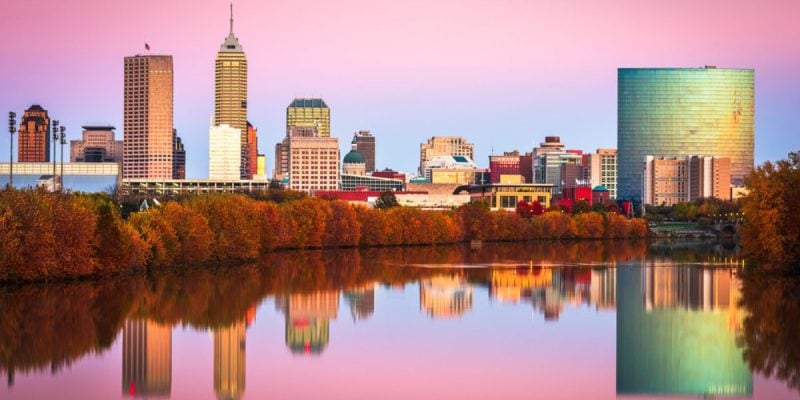 Downtown Indianapolis Skyline Reflected In White River With Pink Skies