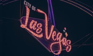 Brightly Lit City of Las Vegas Marquee Against Night Sky
