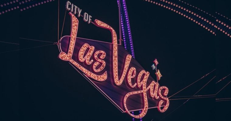 Brightly Lit City of Las Vegas Marquee Against Night Sky