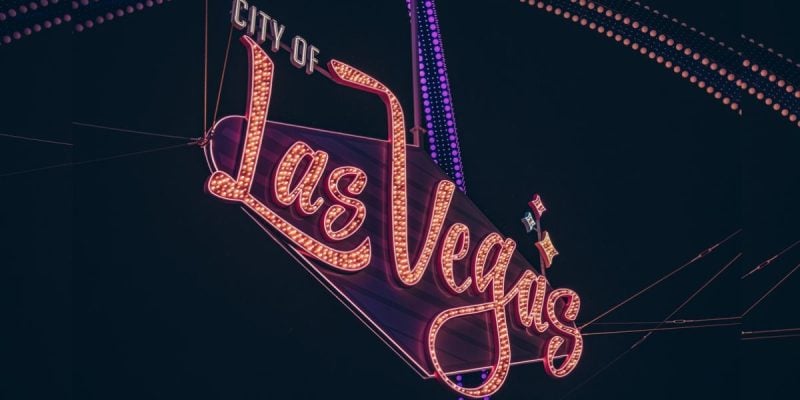 Brightly Lit City of Las Vegas Marquee Against Night Sky