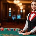 Casino Interior with Woman Dealer at Blackjack Table