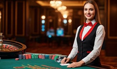 Casino Interior with Woman Dealer at Blackjack Table