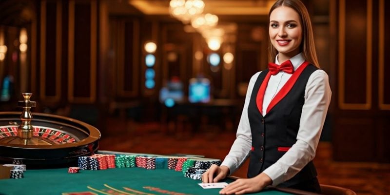 Casino Interior with Woman Dealer at Blackjack Table