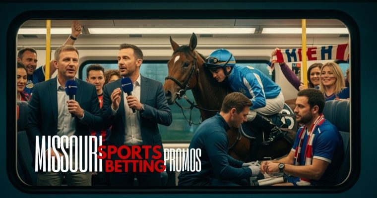 "Missouri Sports Betting Promos" Text Over Image of Various Sports-Themed Concepts in Train Window
