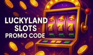 Bright illustration of a gold and purple slot machine with a crown on top, surrounded by floating gold coins, with the text “LuckyLand Slots Promo Code” on the left.