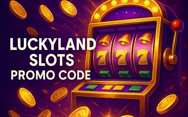 Bright illustration of a gold and purple slot machine with a crown on top, surrounded by floating gold coins, with the text “LuckyLand Slots Promo Code” on the left.