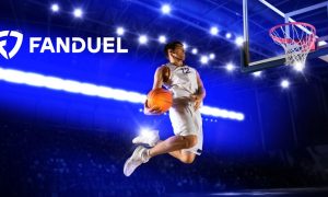 FanDuel Logo Over Image of Basketball Player Jumping with Ball in Hand