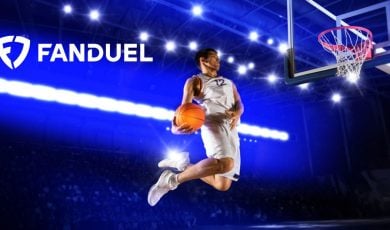 FanDuel Logo Over Image of Basketball Player Jumping with Ball in Hand