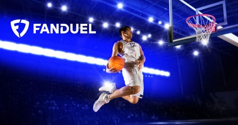 FanDuel Logo Over Image of Basketball Player Jumping with Ball in Hand