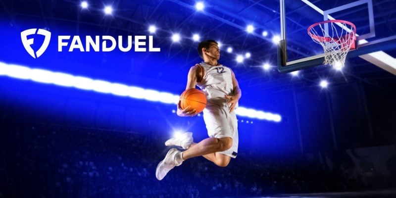 FanDuel Logo Over Image of Basketball Player Jumping with Ball in Hand