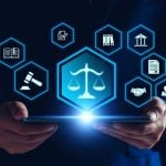 Digital Images of Law and Regulations Hover Above iPad in Man's Hands