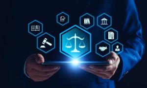 Digital Images of Law and Regulations Hover Above iPad in Man's Hands