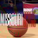 Missouri Flag Hangs Inside Empty Basketball Court with Basketball on Floor and Missouri Sports Betting Text