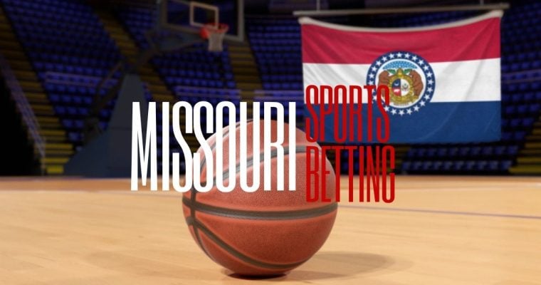 Missouri Flag Hangs Inside Empty Basketball Court with Basketball on Floor and Missouri Sports Betting Text