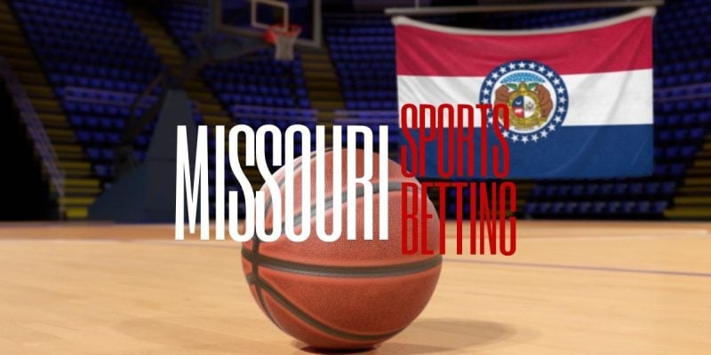 Missouri Flag Hangs Inside Empty Basketball Court with Basketball on Floor and Missouri Sports Betting Text