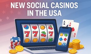 Illustration of a laptop and smartphone showing colorful online casino games with coins, chips and subtle USA flag colors, representing new social casinos in the United States.
