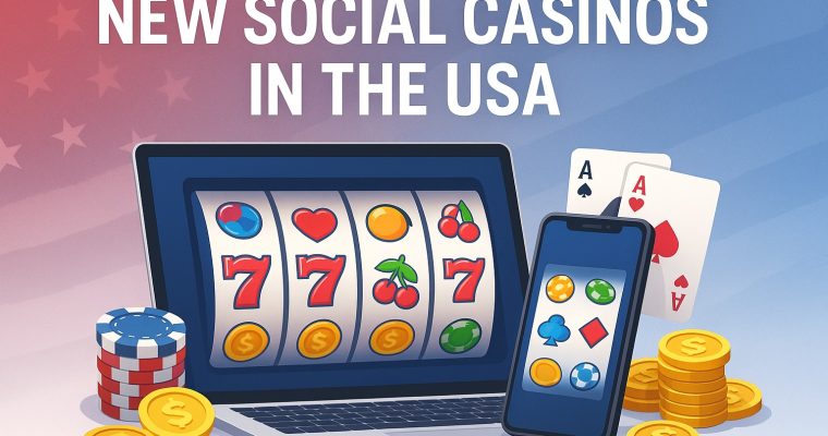 Illustration of a laptop and smartphone showing colorful online casino games with coins, chips and subtle USA flag colors, representing new social casinos in the United States.