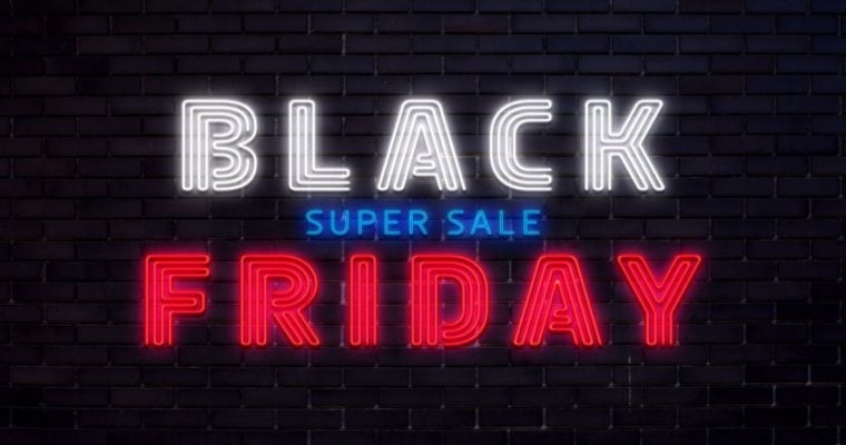 Neon Sign Reads "Black Friday Super Sale" in Red White and Blue