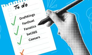 Collage Banner Hand holds Pen and Notebook Sheet Reads "To Do List" with FanDuel, DraftKings, Fanatics, bet365 and Caesars