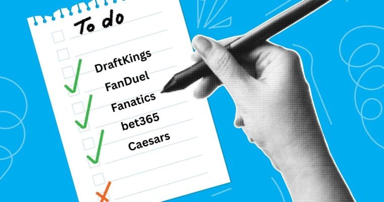Collage Banner Hand holds Pen and Notebook Sheet Reads "To Do List" with FanDuel, DraftKings, Fanatics, bet365 and Caesars