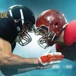 Two Players Faceoff in American Football Game with Ceasars Sportsbook Logo