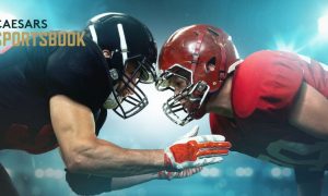 Two Players Faceoff in American Football Game with Ceasars Sportsbook Logo