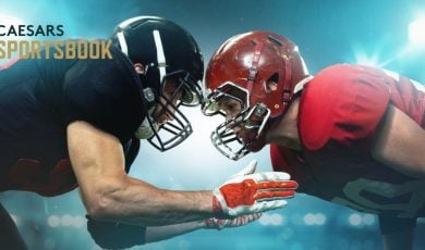 Two Players Faceoff in American Football Game with Ceasars Sportsbook Logo