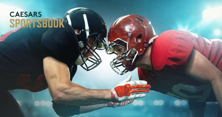 Two Players Faceoff in American Football Game with Ceasars Sportsbook Logo