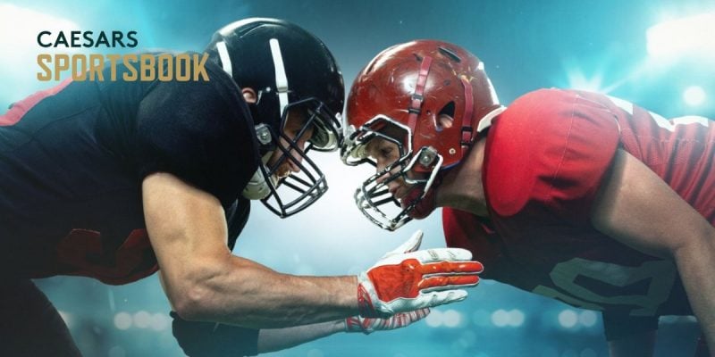 Two Players Faceoff in American Football Game with Ceasars Sportsbook Logo
