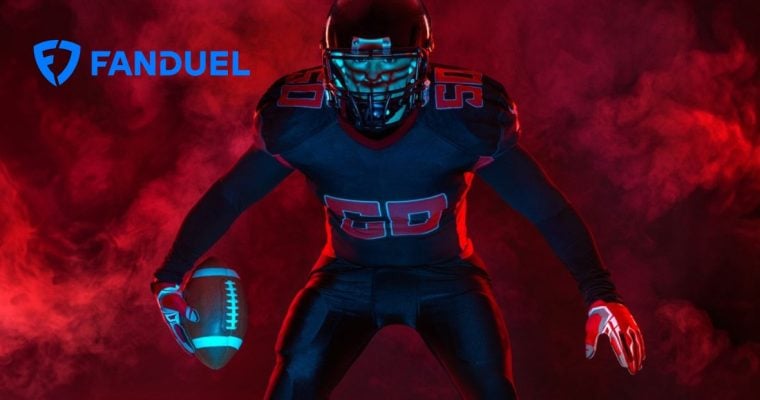 FanDuel Logo Over Image of American Football Player In Wide Stance Holding Football