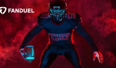 FanDuel Logo Over Image of American Football Player In Wide Stance Holding Football