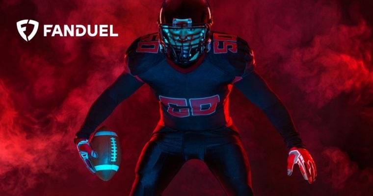 FanDuel Logo Over Image of American Football Player In Wide Stance Holding Football