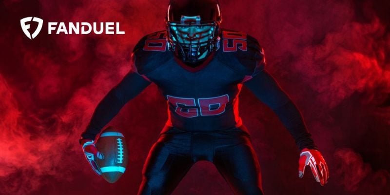 FanDuel Logo Over Image of American Football Player In Wide Stance Holding Football