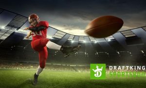 DraftKings Sportsbook Logo Over Image of American Football Player Kicking Football Inside Stadium