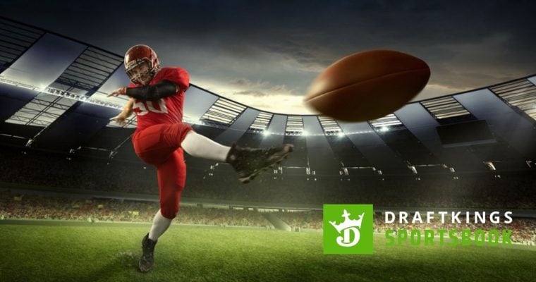 DraftKings Sportsbook Logo Over Image of American Football Player Kicking Football Inside Stadium