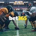 Two Teams On American Football Field In Line of Scrimmage with Bet365 Logo Layered Over