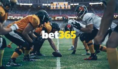 Two Teams On American Football Field In Line of Scrimmage with Bet365 Logo Layered Over