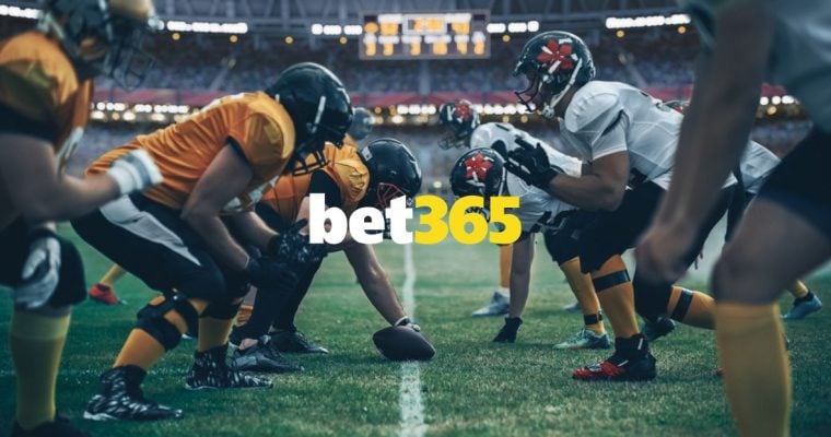 Two Teams On American Football Field In Line of Scrimmage with Bet365 Logo Layered Over