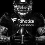 Fanatics Sportsbook Logo Over Black and White Image of American Football Player Holding Football