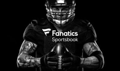 Fanatics Sportsbook Logo Over Black and White Image of American Football Player Holding Football