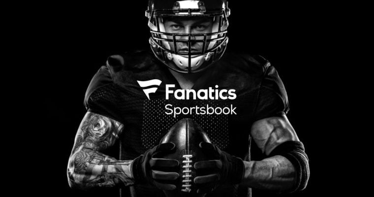 Fanatics Sportsbook Logo Over Black and White Image of American Football Player Holding Football