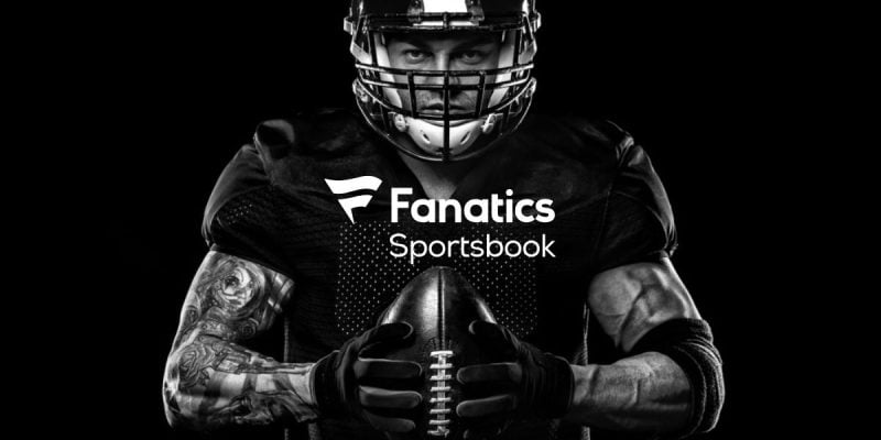 Fanatics Sportsbook Logo Over Black and White Image of American Football Player Holding Football