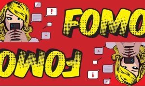 "FOMO" Yellow Cartoon Text on Red Background with Blond Woman Holding Cell Phone