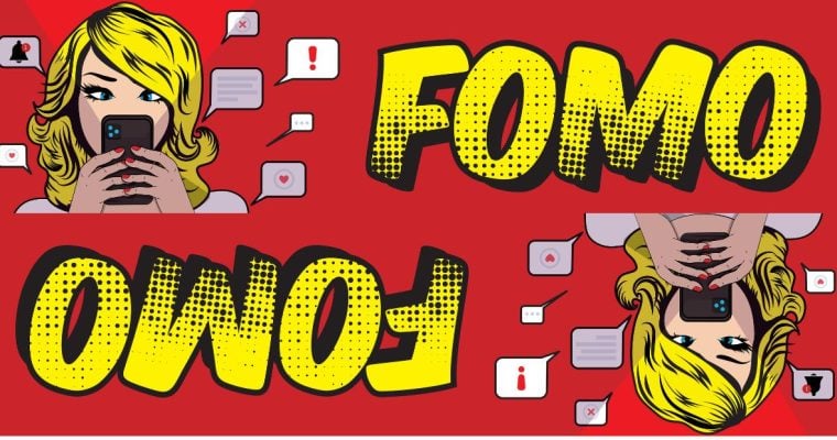 "FOMO" Yellow Cartoon Text on Red Background with Blond Woman Holding Cell Phone