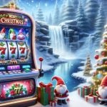 Winter Wonderland Background to Christmas Trees and Santa Clauses Next to Slot Machine