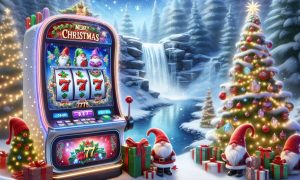Winter Wonderland Background to Christmas Trees and Santa Clauses Next to Slot Machine